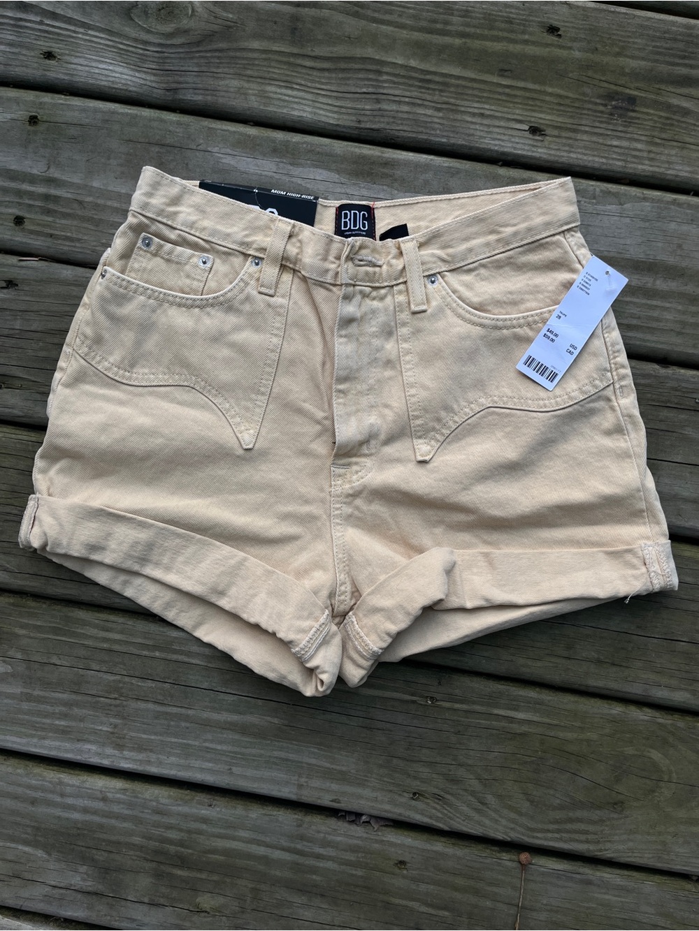 BDG Cream High-Rise Rolled Hem Denim Shorts